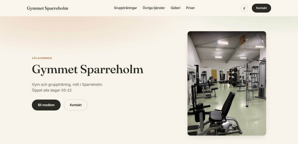 Skärmbild av startsidan för Gymmet Sparreholms hemsida